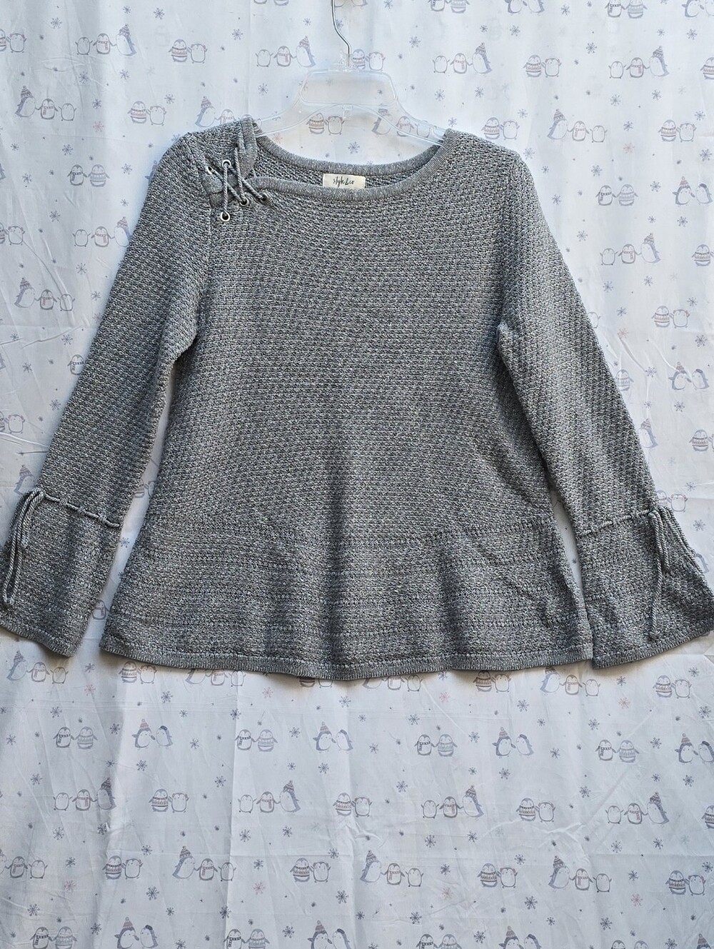 Style & Co.Metallic Gray Knit Round neck Sweater Lace-Up Shoulder Bell Sleece. S